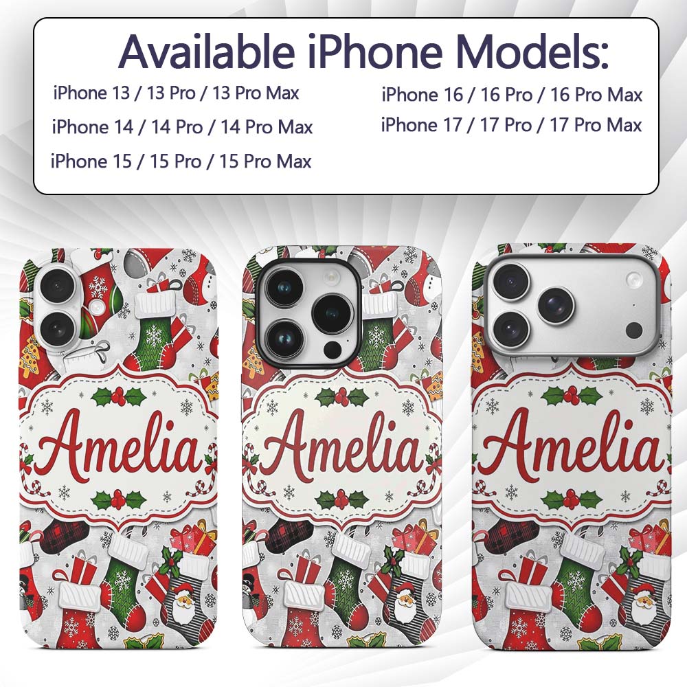Christmas Stockings Gifts Candy Cane Snowflake Custom Name Protective Phone Case Mobile Cover Durable Everyday Smartphone Shock Resistant