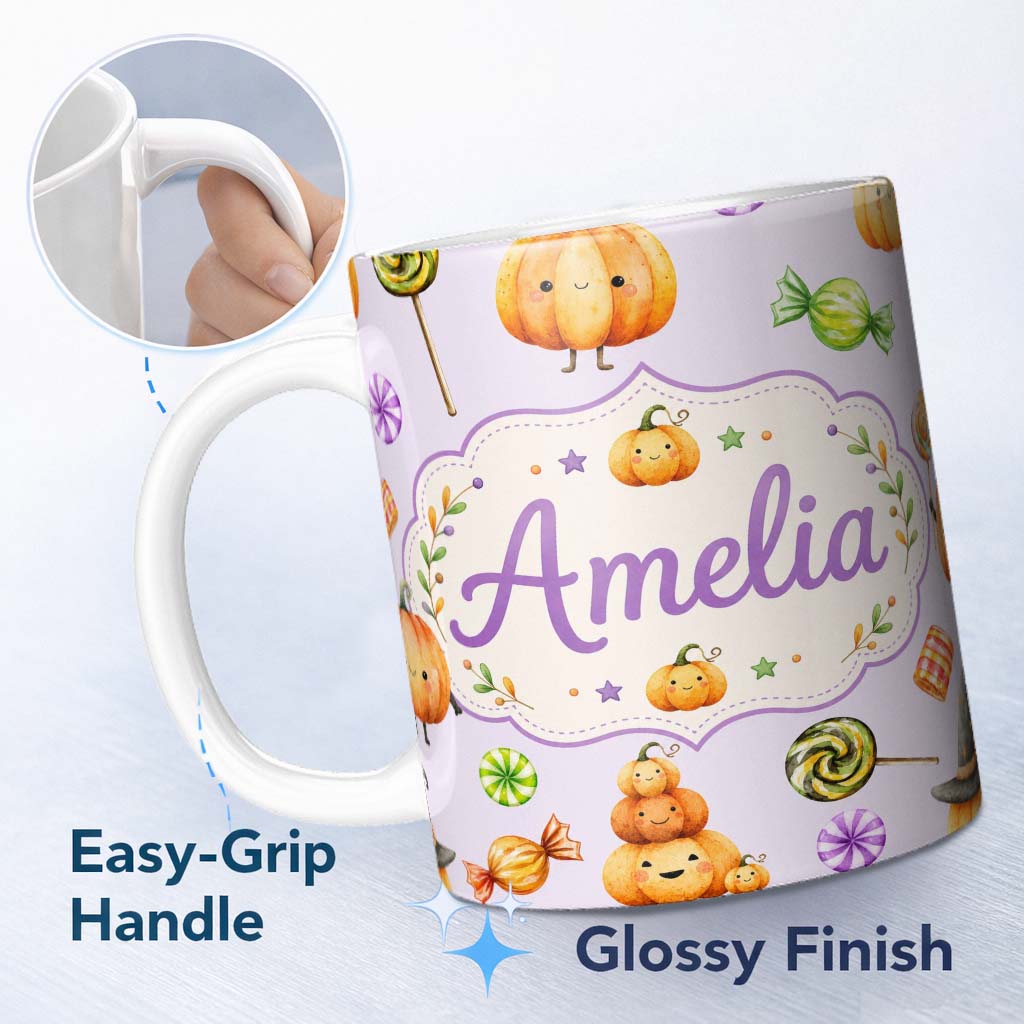 Personalized Custom Name Cute Halloween Pumpkin Candy Characters Lilac Background Seamless 11oz Ceramic Coffee Tea Mug White Large Handle