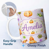 Personalized Custom Name Cute Halloween Pumpkin Candy Characters Lilac Background Seamless 11oz Ceramic Coffee Tea Mug White Large Handle
