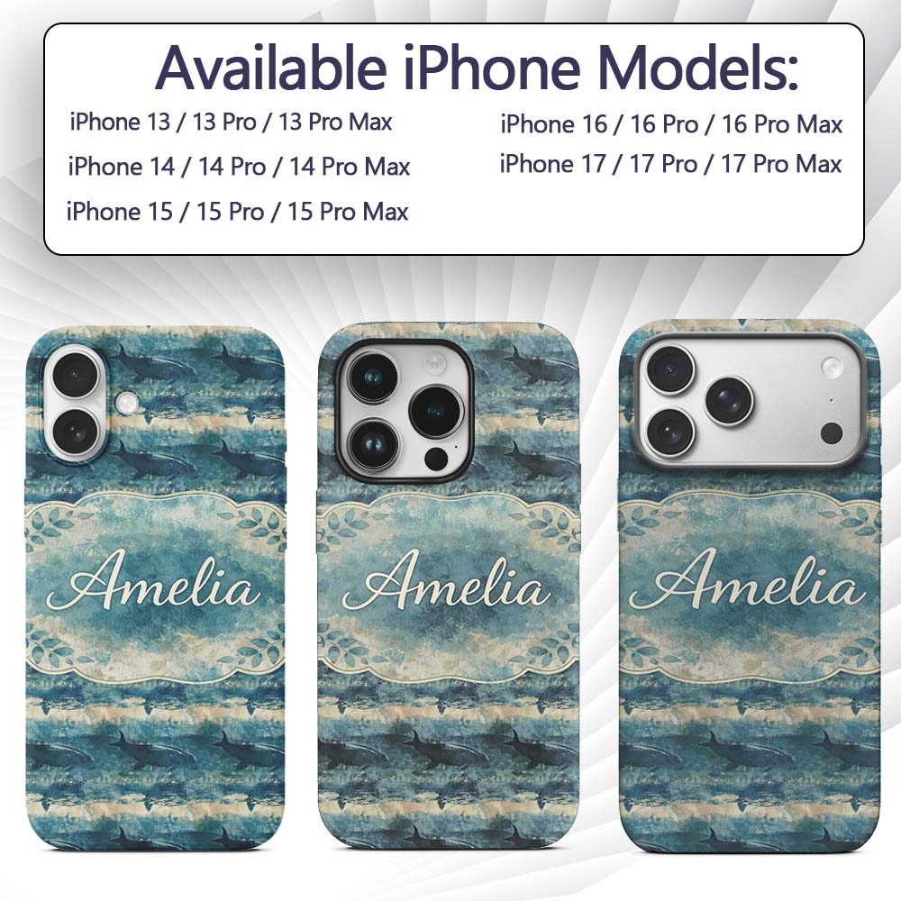 Vintage Ocean Whale Seamless Pattern Textured Custom Name Protective Phone Case Mobile Cover Durable Everyday Smartphone Shock Resistant