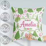 Custom Name Minimal Christmas Tree Branch Berry Pink Bow Pattern Square Filled Cushion Throw Pillow Sofa Bed Home Decor Zip Washable UK Made