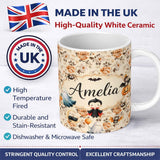 Personalized Custom Name Vintage Orange Rose Floral Pattern on Beige Background Seamless 11oz Ceramic Coffee Tea Mug White Large Handle