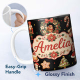 Personalized Custom Name Cute Christmas Nutcracker Squirrel Cake Candy Cane Girl Tree Black 11oz Ceramic Coffee Tea Mug White Large Handle
