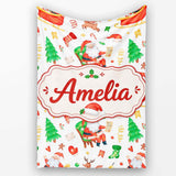 Watercolor Santa Sleigh Reindeer Christmas Seamless Pattern Lovely  Personalised Custom Name Super Soft Fleece Blanket Bed Sofa Throw
