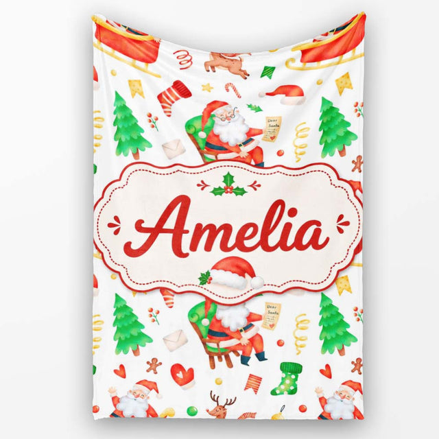 Watercolor Santa Sleigh Reindeer Christmas Seamless Pattern Lovely  Personalised Custom Name Super Soft Fleece Blanket Bed Sofa Throw