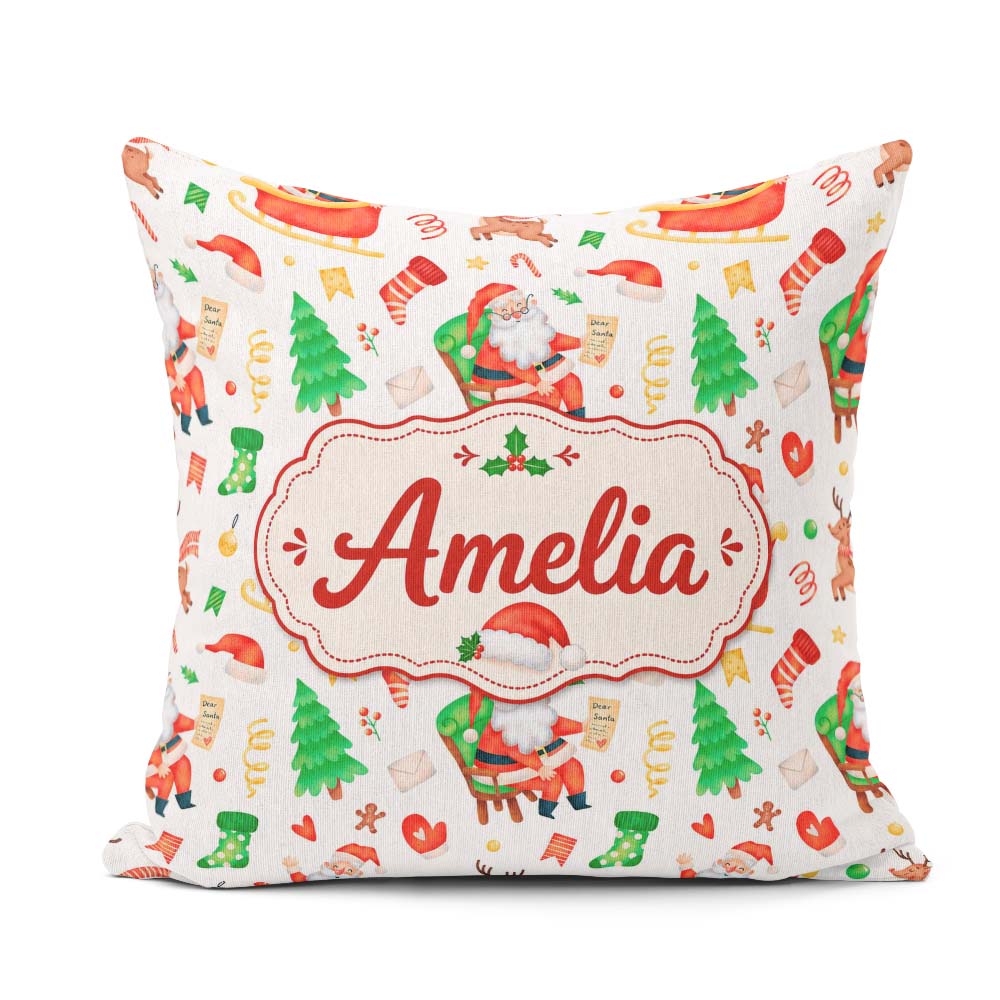 Custom Name Watercolor Santa Reindeer Christmas Seamless Pattern Square Filled Cushion Throw Pillow Sofa Bed Home Decor Zip Washable UK Made