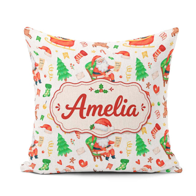 Custom Name Watercolor Santa Reindeer Christmas Seamless Pattern Square Filled Cushion Throw Pillow Sofa Bed Home Decor Zip Washable UK Made