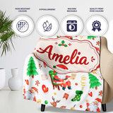 Watercolor Santa Sleigh Reindeer Christmas Seamless Pattern Lovely  Personalised Custom Name Super Soft Fleece Blanket Bed Sofa Throw