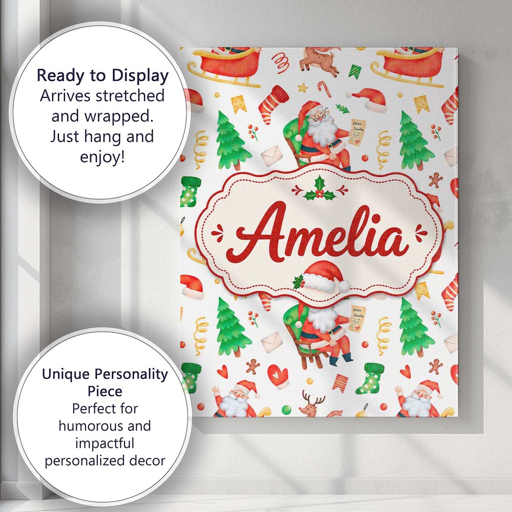 Personalised Name Watercolor Santa Sleigh Custom  Unique Gift Idea Elegant Feature Canvas Wall Art Print Decor Picture Ready to Hang