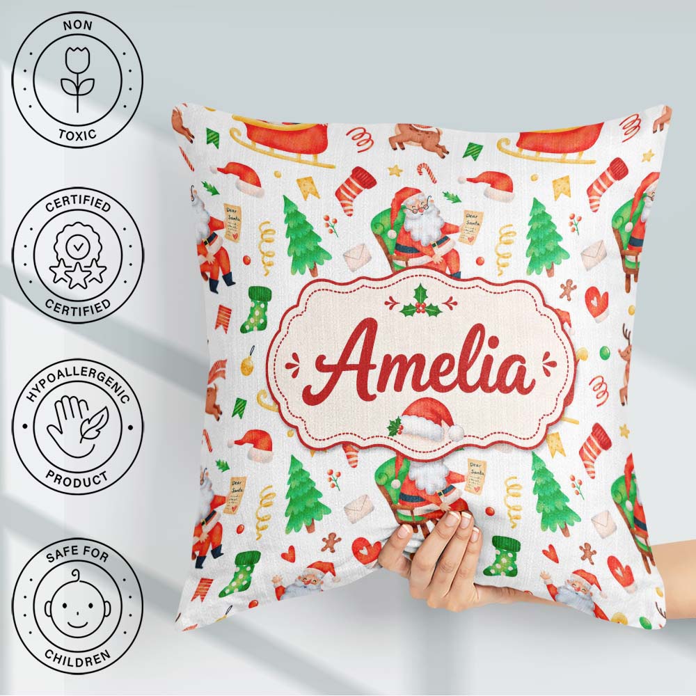 Custom Name Watercolor Santa Reindeer Christmas Seamless Pattern Square Filled Cushion Throw Pillow Sofa Bed Home Decor Zip Washable UK Made
