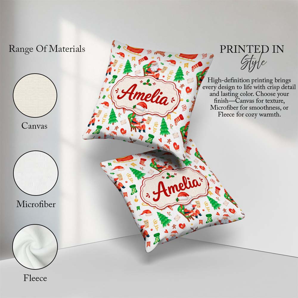 Custom Name Watercolor Santa Reindeer Christmas Seamless Pattern Square Filled Cushion Throw Pillow Sofa Bed Home Decor Zip Washable UK Made