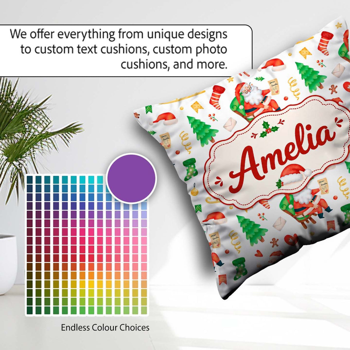 Custom Name Watercolor Santa Reindeer Christmas Seamless Pattern Square Filled Cushion Throw Pillow Sofa Bed Home Decor Zip Washable UK Made