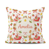 Custom Name Santa Sleigh Reindeer Elf Christmas Seamless Pattern Square Filled Cushion Throw Pillow Sofa Bed Home Decor Zip Washable UK Made