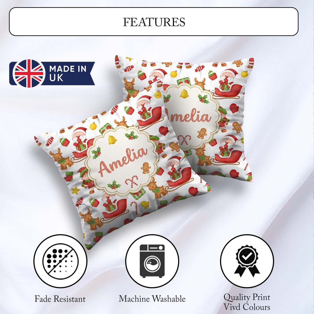 Custom Name Santa Sleigh Reindeer Elf Christmas Seamless Pattern Square Filled Cushion Throw Pillow Sofa Bed Home Decor Zip Washable UK Made