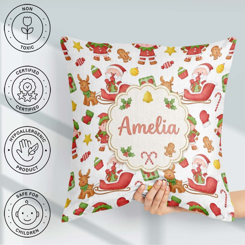 Custom Name Santa Sleigh Reindeer Elf Christmas Seamless Pattern Square Filled Cushion Throw Pillow Sofa Bed Home Decor Zip Washable UK Made