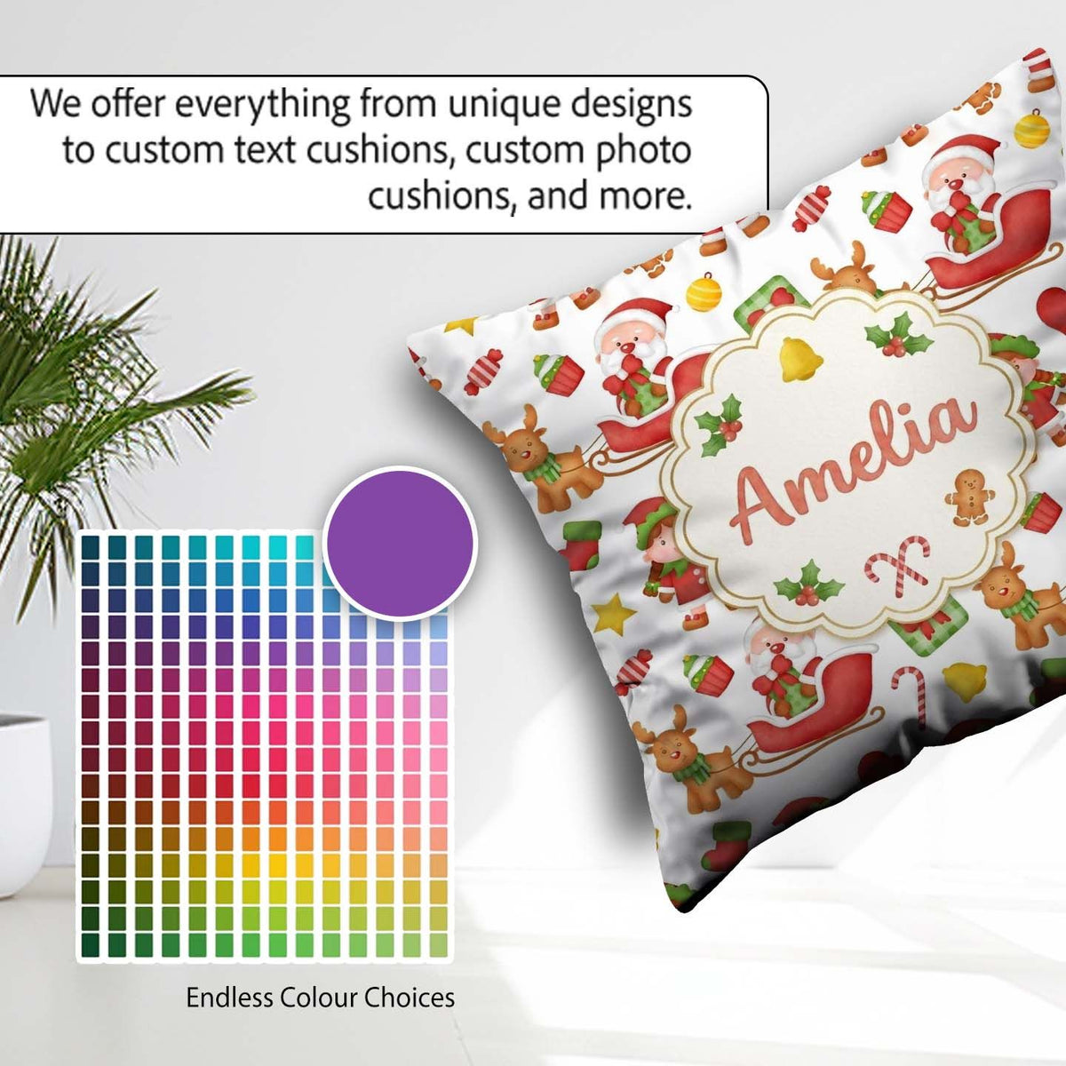 Custom Name Santa Sleigh Reindeer Elf Christmas Seamless Pattern Square Filled Cushion Throw Pillow Sofa Bed Home Decor Zip Washable UK Made