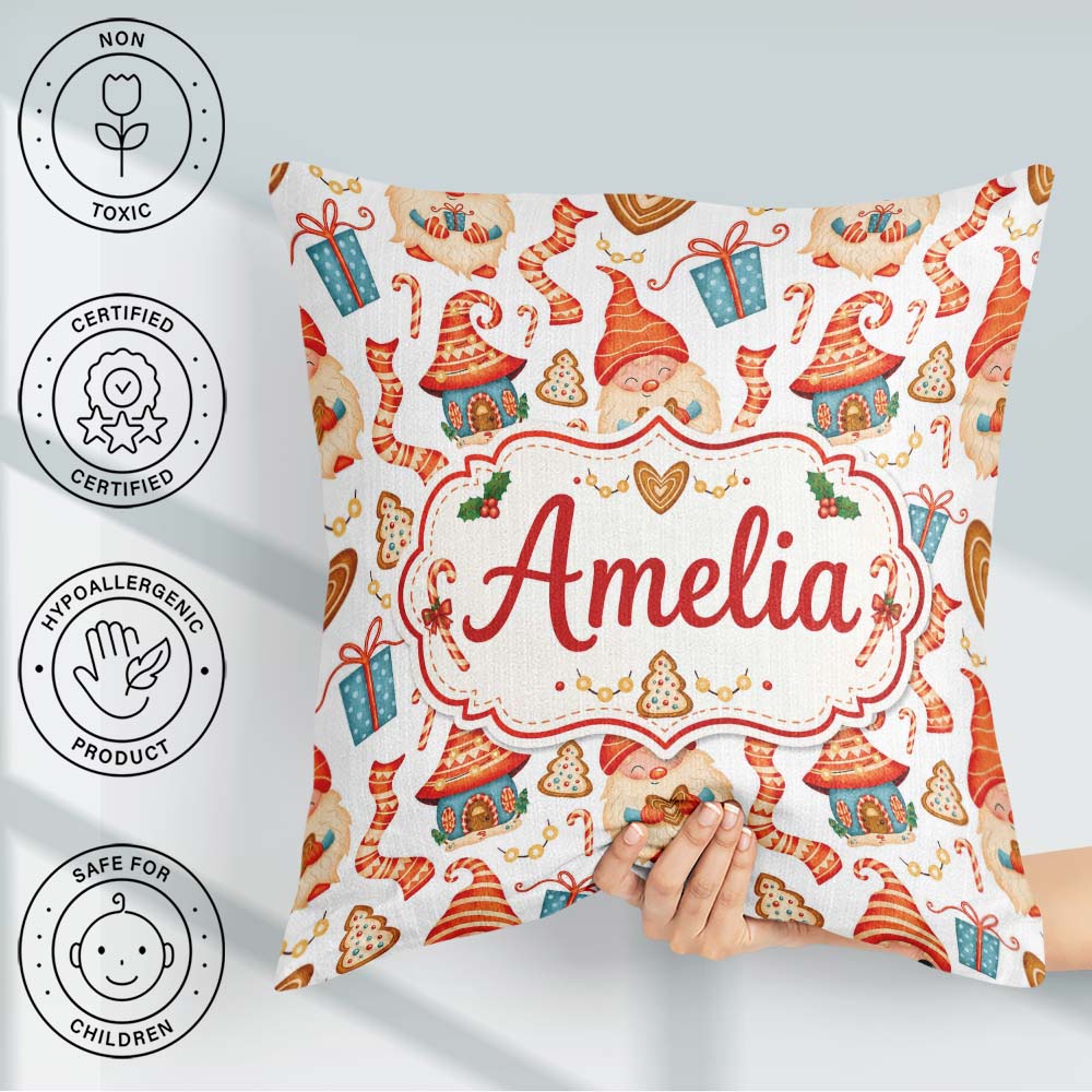 Custom Name Cute Christmas Gnome Candy Cane Gingerbread Seamless Square Filled Cushion Throw Pillow Sofa Bed Home Decor Zip Washable UK Made