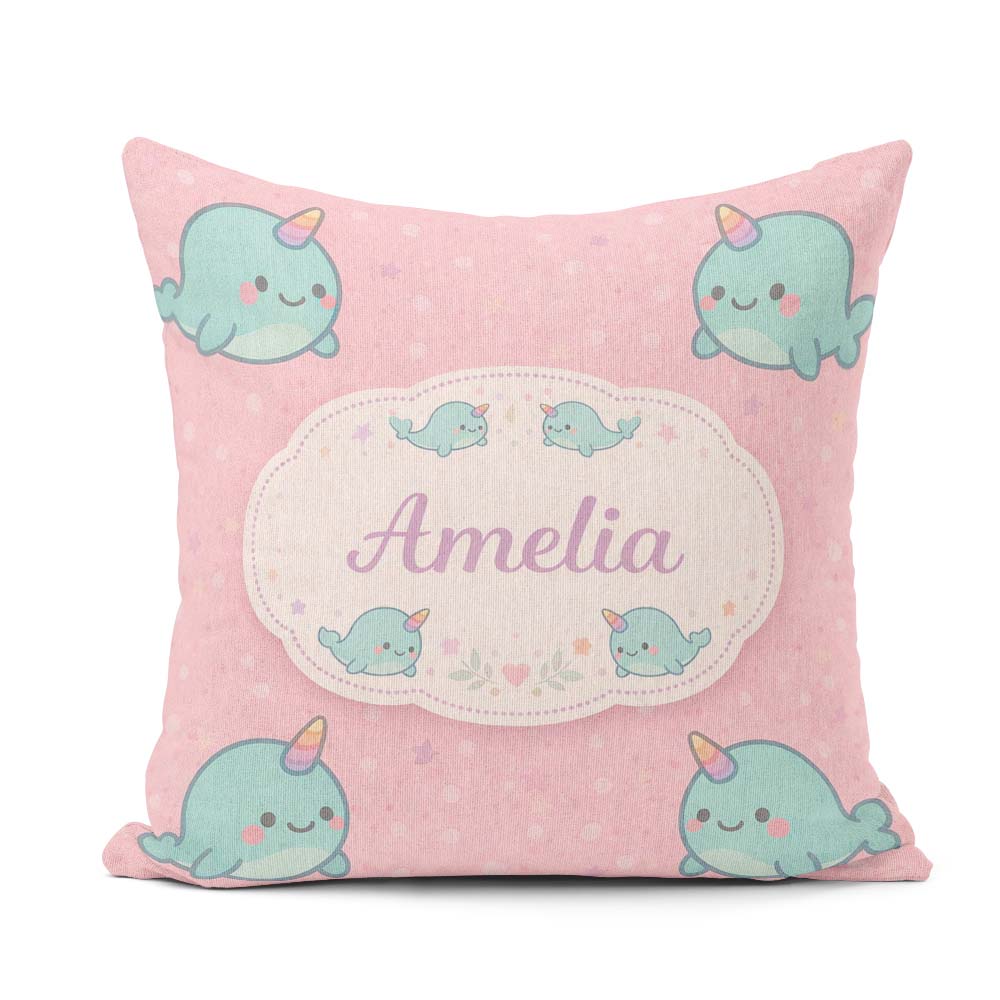 Custom Name Cute Narwhal Unicorn Whale Cartoon Animal Pattern Square Filled Cushion Throw Pillow Sofa Bed Home Decor Zip Washable UK Made