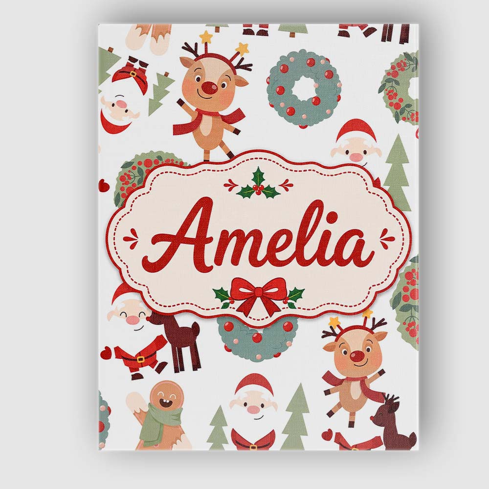 Personalised Name Cute Reindeer Santa Custom Modern Room Accent Creative Decorator Style Canvas Wall Art Print Decor Picture Ready to Hang