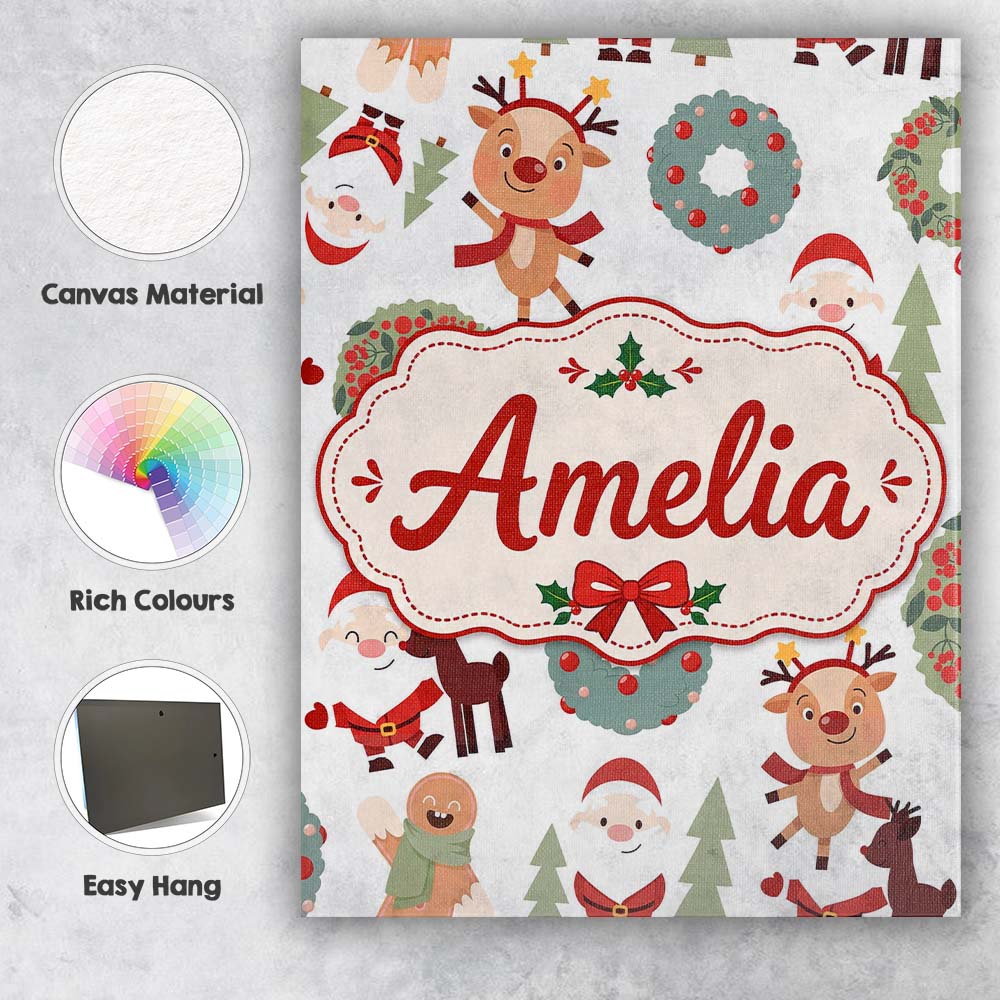 Personalised Name Cute Reindeer Santa Custom Modern Room Accent Creative Decorator Style Canvas Wall Art Print Decor Picture Ready to Hang