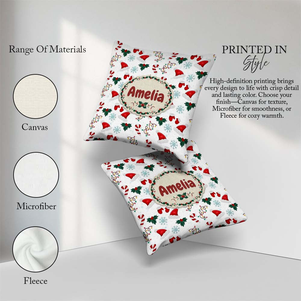 Custom Name Christmas Hat Mittens Candy Holly Snowflake Seamless Square Filled Cushion Throw Pillow Sofa Bed Home Decor Zip Washable UK Made