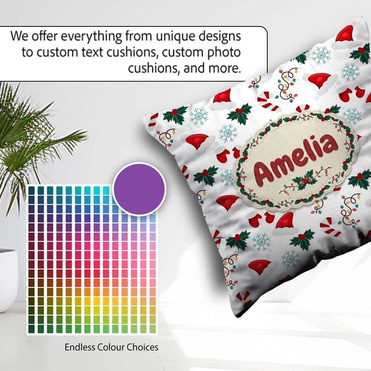 Custom Name Christmas Hat Mittens Candy Holly Snowflake Seamless Square Filled Cushion Throw Pillow Sofa Bed Home Decor Zip Washable UK Made