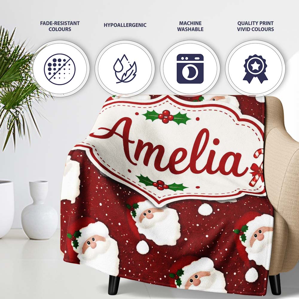 Santa Face Red Snow Background Christmas Seamless Pattern Lovely  Personalised Custom Name Super Soft Fleece Blanket Bed Sofa Throw