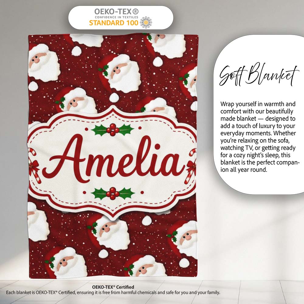 Santa Face Red Snow Background Christmas Seamless Pattern Lovely  Personalised Custom Name Super Soft Fleece Blanket Bed Sofa Throw