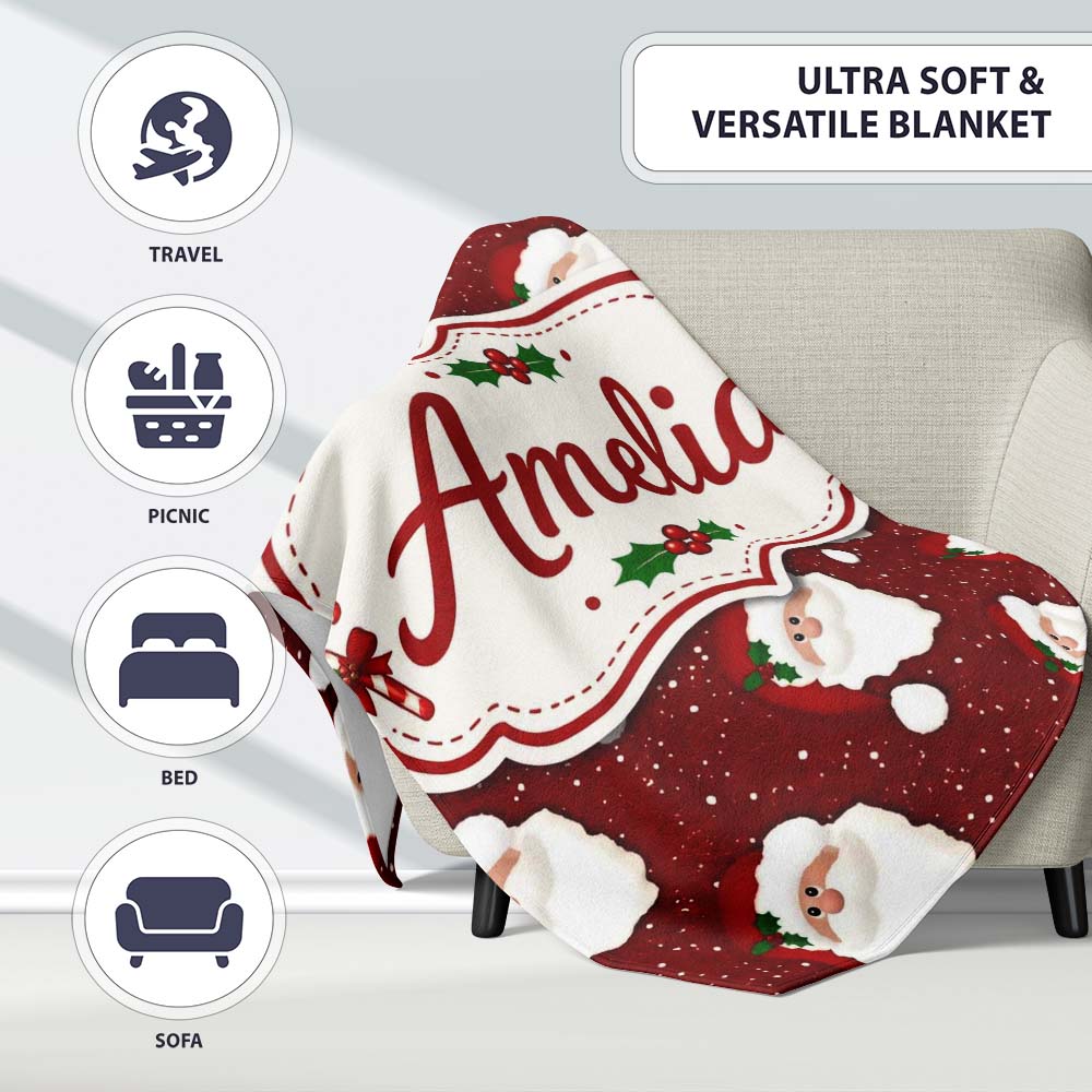 Santa Face Red Snow Background Christmas Seamless Pattern Lovely  Personalised Custom Name Super Soft Fleece Blanket Bed Sofa Throw
