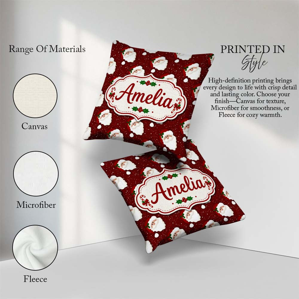 Custom Name Santa Face Red Background Christmas Seamless Pattern Square Filled Cushion Throw Pillow Sofa Bed Home Decor Zip Washable UK Made