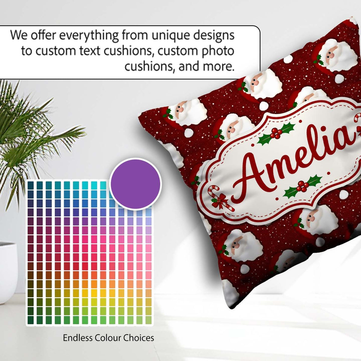Custom Name Santa Face Red Background Christmas Seamless Pattern Square Filled Cushion Throw Pillow Sofa Bed Home Decor Zip Washable UK Made