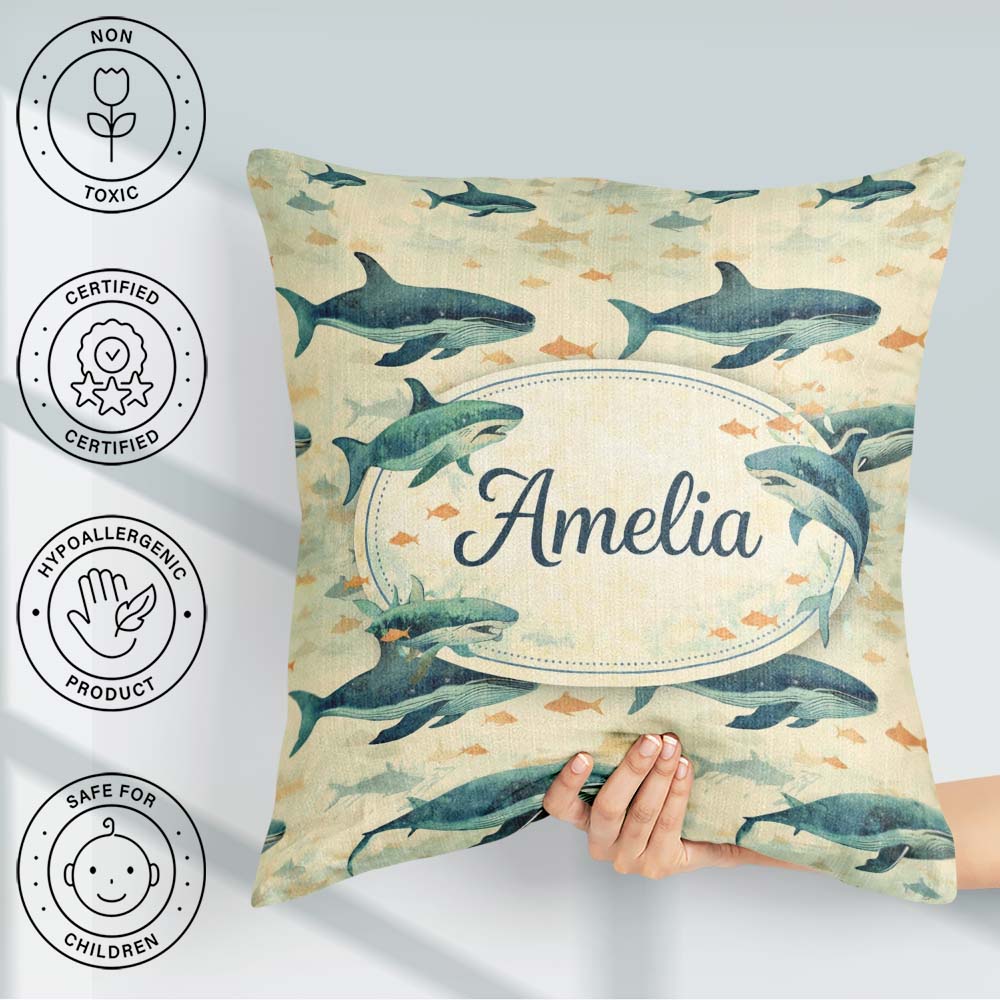 Custom Name Beige Ocean Whale Seamless Pattern Soft Illustration Square Filled Cushion Throw Pillow Sofa Bed Home Decor Zip Washable UK Made