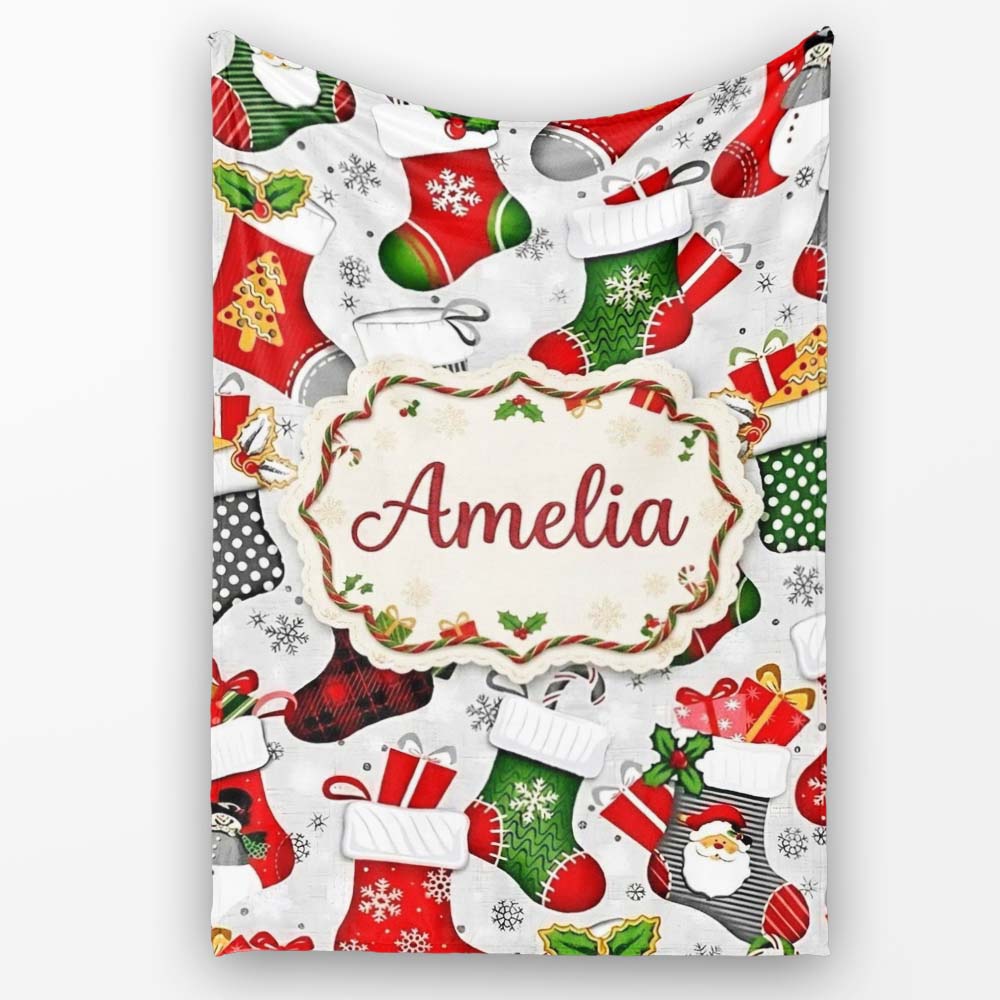 Christmas Stockings Gifts Candy Snowflake Seamless Pattern Lovely  Personalised Custom Name Super Soft Fleece Blanket Bed Sofa Throw