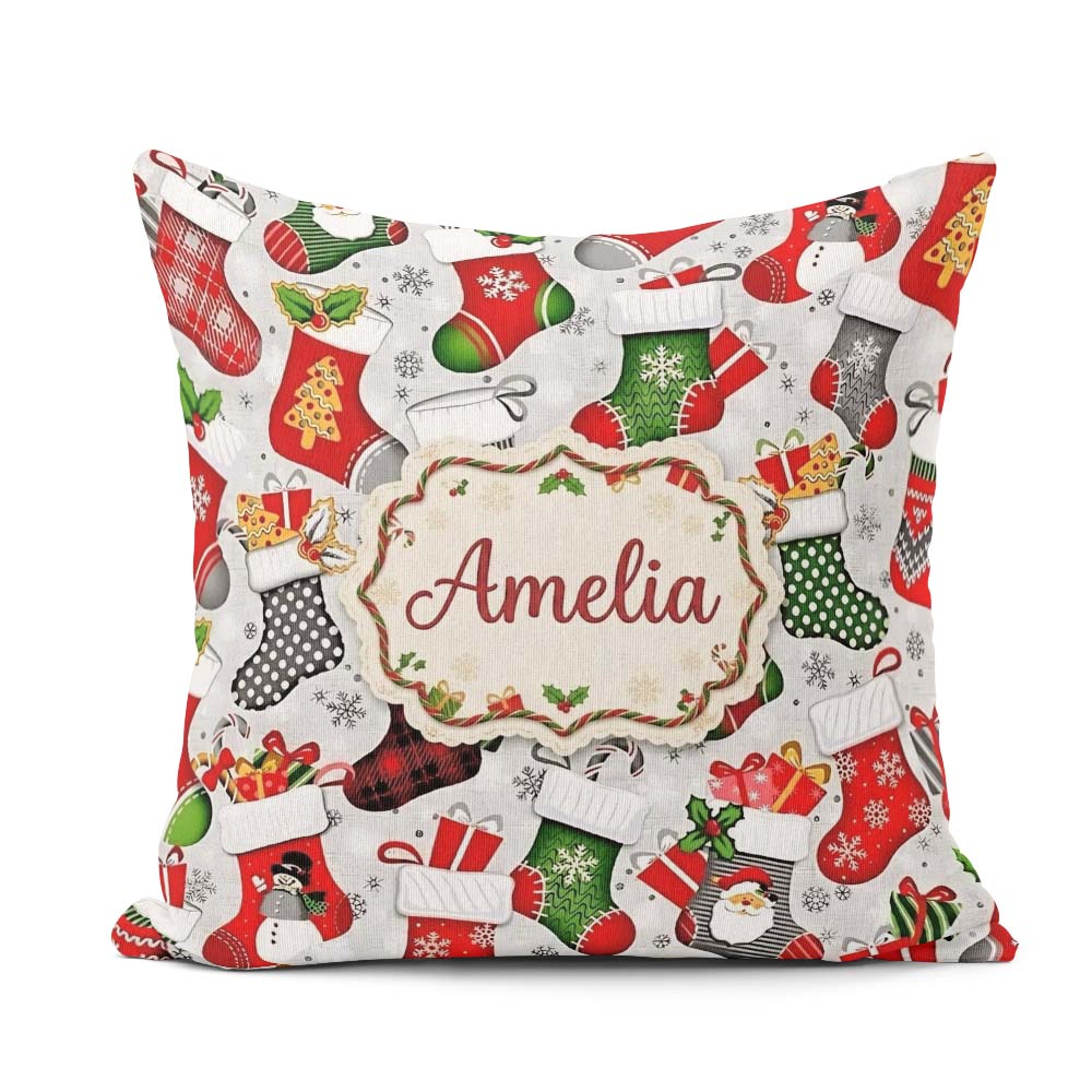 Custom Name Christmas Stockings Gifts Snowflake Seamless Pattern Square Filled Cushion Throw Pillow Sofa Bed Home Decor Zip Washable UK Made