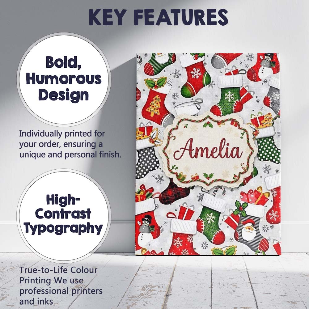 Personalised Name Christmas Stockings Gifts Custom  Bespoke Interior Contemporary Canvas Wall Art Print Decor Picture Ready to Hang