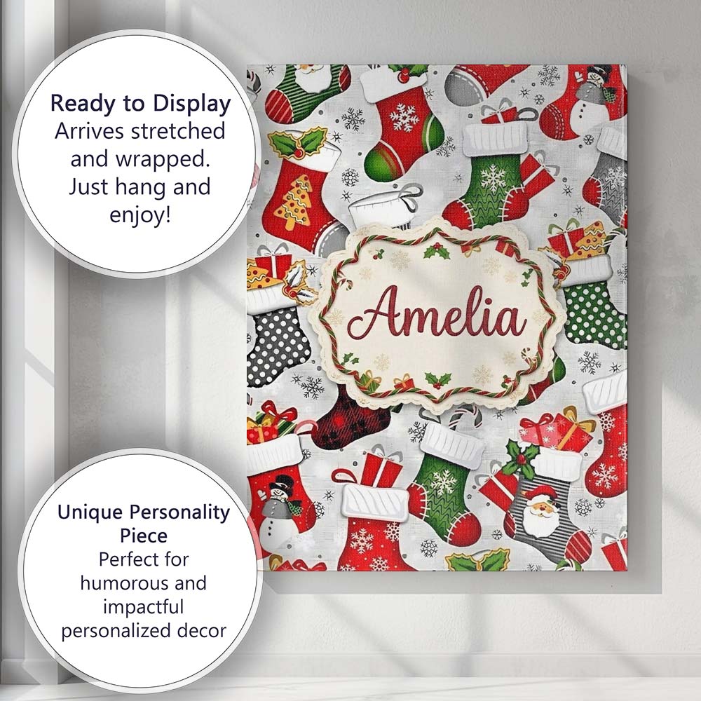 Personalised Name Christmas Stockings Gifts Custom  Bespoke Interior Contemporary Canvas Wall Art Print Decor Picture Ready to Hang