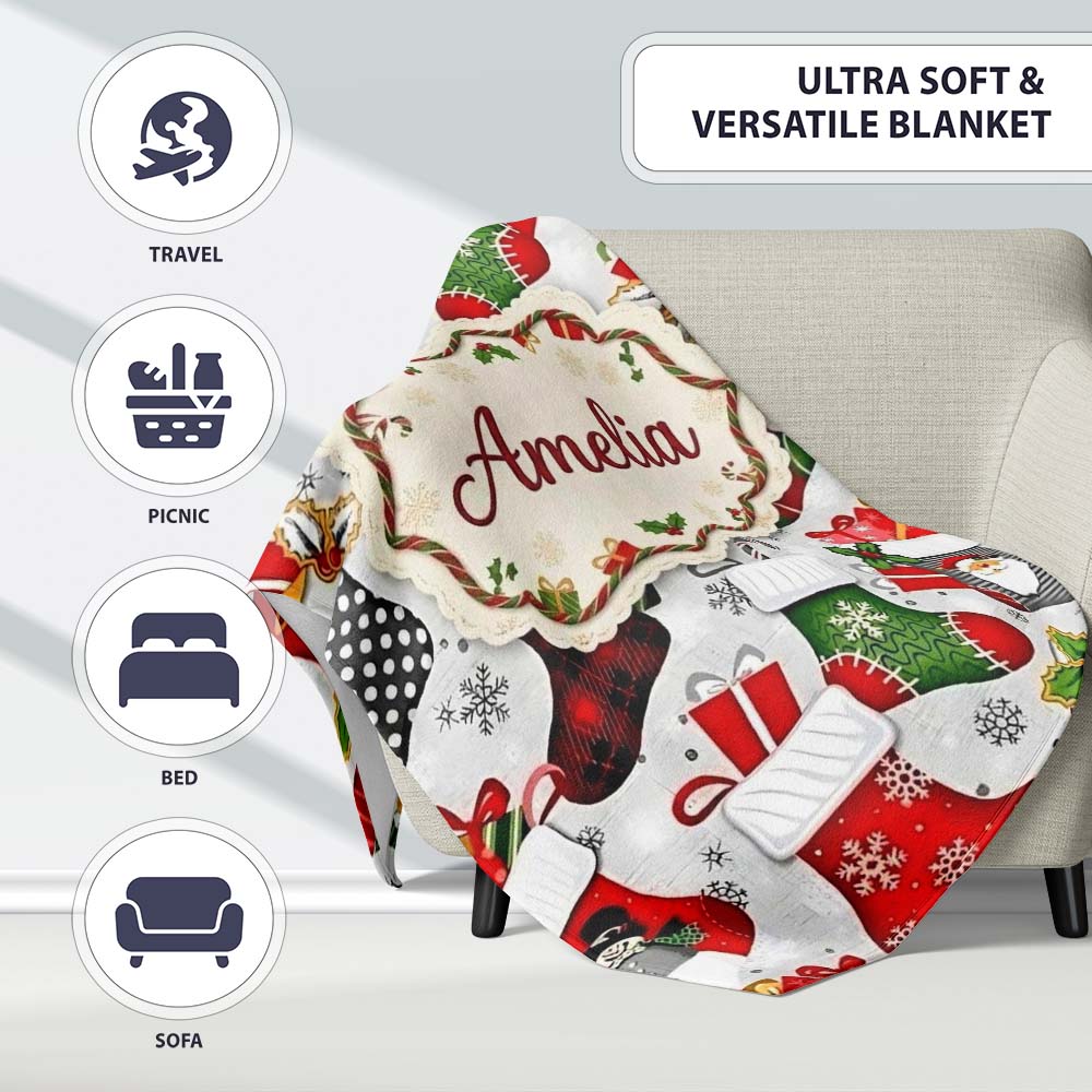 Christmas Stockings Gifts Candy Snowflake Seamless Pattern Lovely  Personalised Custom Name Super Soft Fleece Blanket Bed Sofa Throw