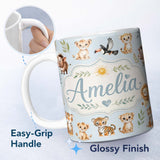 Personalized Custom Name Baby Safari Animals Leopard Tiger Lion on Pastel Blue Seamless 11oz Ceramic Coffee Tea Mug White Large Handle