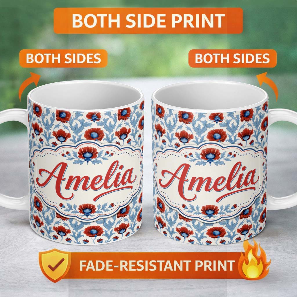 Personalized Custom Name William Morris Style Poppy Floral Pattern Vintage Botanical Seamless 11oz Ceramic Coffee Tea Mug White Large Handle