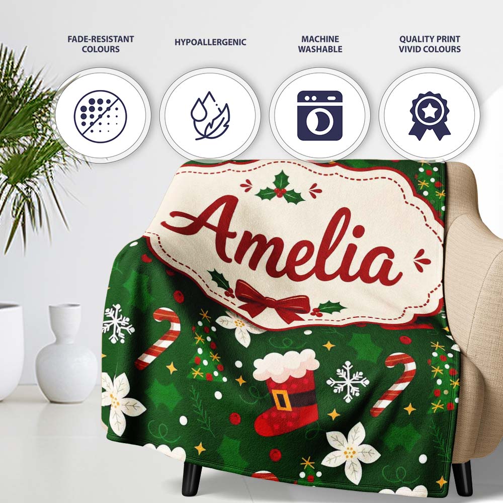 Christmas Stocking Candy Cane Tree Poinsettia Seamless Pattern  Personalised Custom Name Super Soft Fleece Blanket Bed Sofa Throw