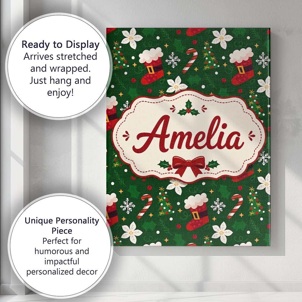 Personalised Name Christmas Stocking Candy Custom  Unique Gift Idea Elegant Feature Canvas Wall Art Print Decor Picture Ready to Hang