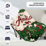 Christmas Stocking Candy Cane Tree Poinsettia Seamless Pattern  Personalised Custom Name Super Soft Fleece Blanket Bed Sofa Throw