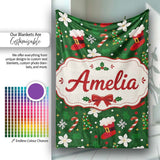 Christmas Stocking Candy Cane Tree Poinsettia Seamless Pattern  Personalised Custom Name Super Soft Fleece Blanket Bed Sofa Throw
