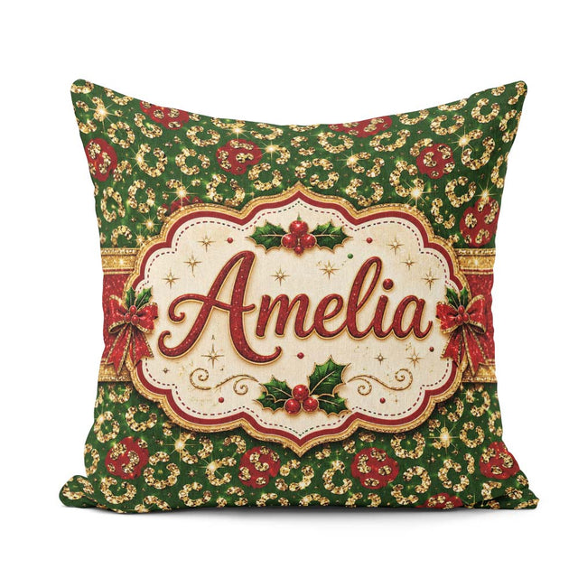 Custom Name Gold Leopard Print Glitter Christmas Seamless Lovely Square Filled Cushion Throw Pillow Sofa Bed Home Decor Zip Washable UK Made