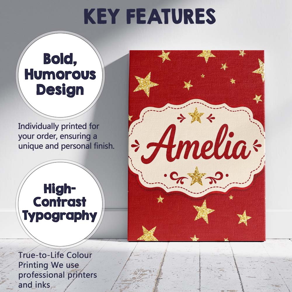 Personalised Name Gold Glitter Stars Red Custom  Unique Gift Idea Elegant Feature Canvas Wall Art Print Decor Picture Ready to Hang