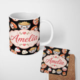 Personalized Custom Name Cute Kawaii Sushi And Japanese Food Seamless Pattern White Lovely 11oz Ceramic Coffee Tea Mug White Large Handle