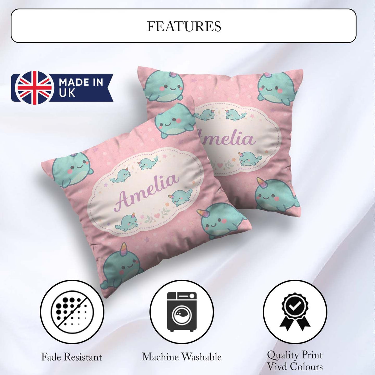 Custom Name Cute Narwhal Unicorn Whale Cartoon Animal Pattern Square Filled Cushion Throw Pillow Sofa Bed Home Decor Zip Washable UK Made
