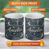 Personalized Custom Name Lantern Leaves Stars Night Sky Botanical Seamless Pattern Lovely 11oz Ceramic Coffee Tea Mug White Large Handle