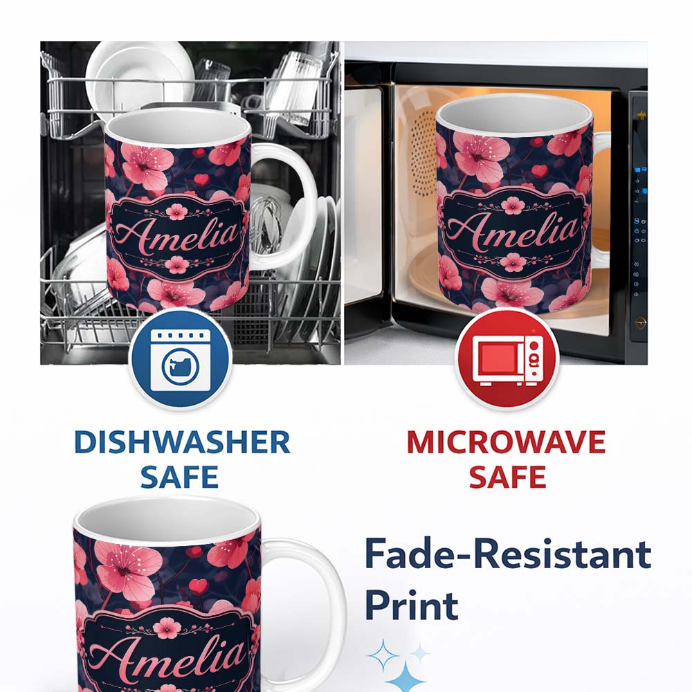 Personalized Custom Name Stylized Cherry Blossom Flowers with Heart Buds Pattern Modern 11oz Ceramic Coffee Tea Mug White Large Handle