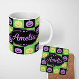 Personalized Custom Name Halloween Pumpkin Checkerboard Purple Green Seamless Pattern UK 11oz Ceramic Coffee Tea Mug White Large Handle